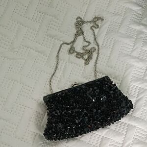 La Regale Black Sequin Clutch with Silver Chain